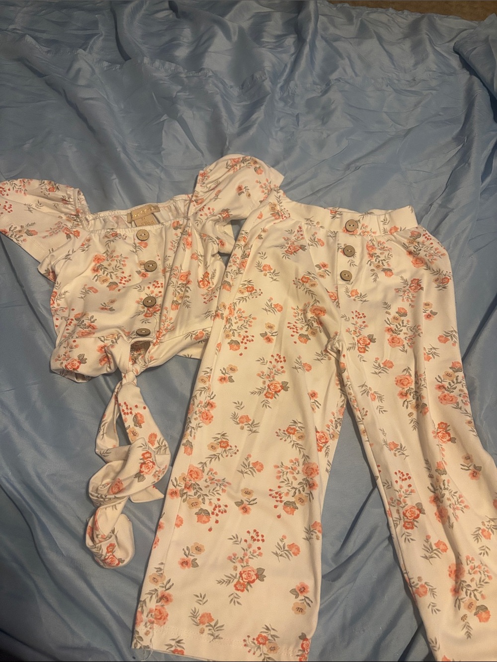 Floral Off-Shoulder Kids Matching Set in Cream and Pink